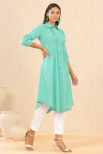 Thumbnail for Juniper Womens Blush Turquoise Cotton Slub Solid Mid Length Shirt Dress With Lace Detailing - Distacart