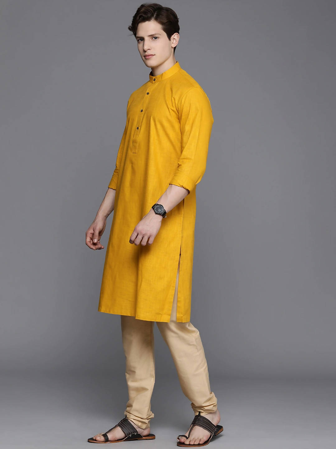 Manyavar Men Yellow Solid Band Collar Regular Sleeves Straight Kurta - Distacart