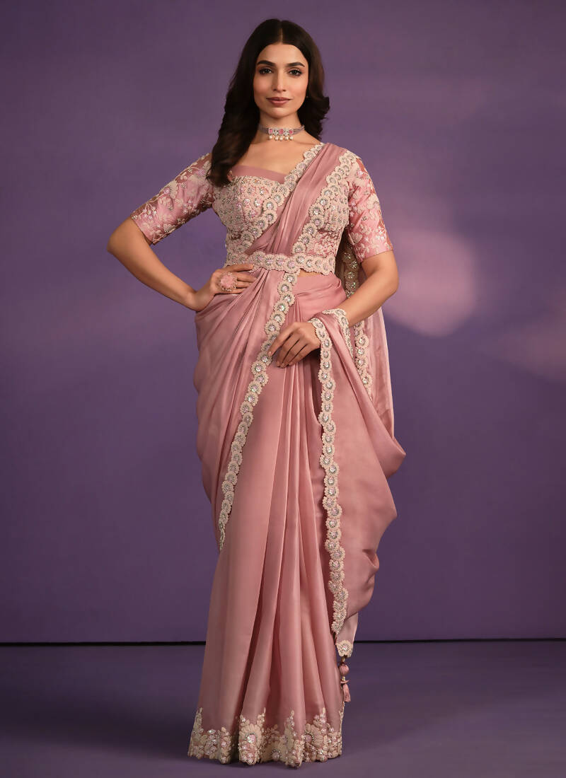 Pink Crepe Georgette Silk Embroidered Saree With Stitched Blouse - Mohmanthan Exotica - Distacart