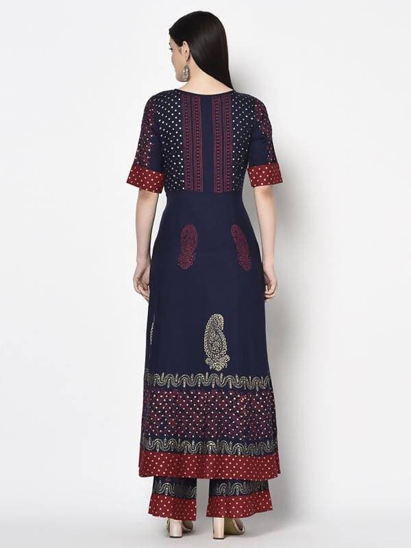 Aniyah Rayon Navy Blue Color Block Print Anarkali kurta (AN-177K)