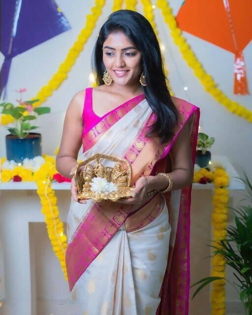 DEIANA'S Beautiful Golden Jari with New Design Soft Lichi Silk Saree - White - Distacart