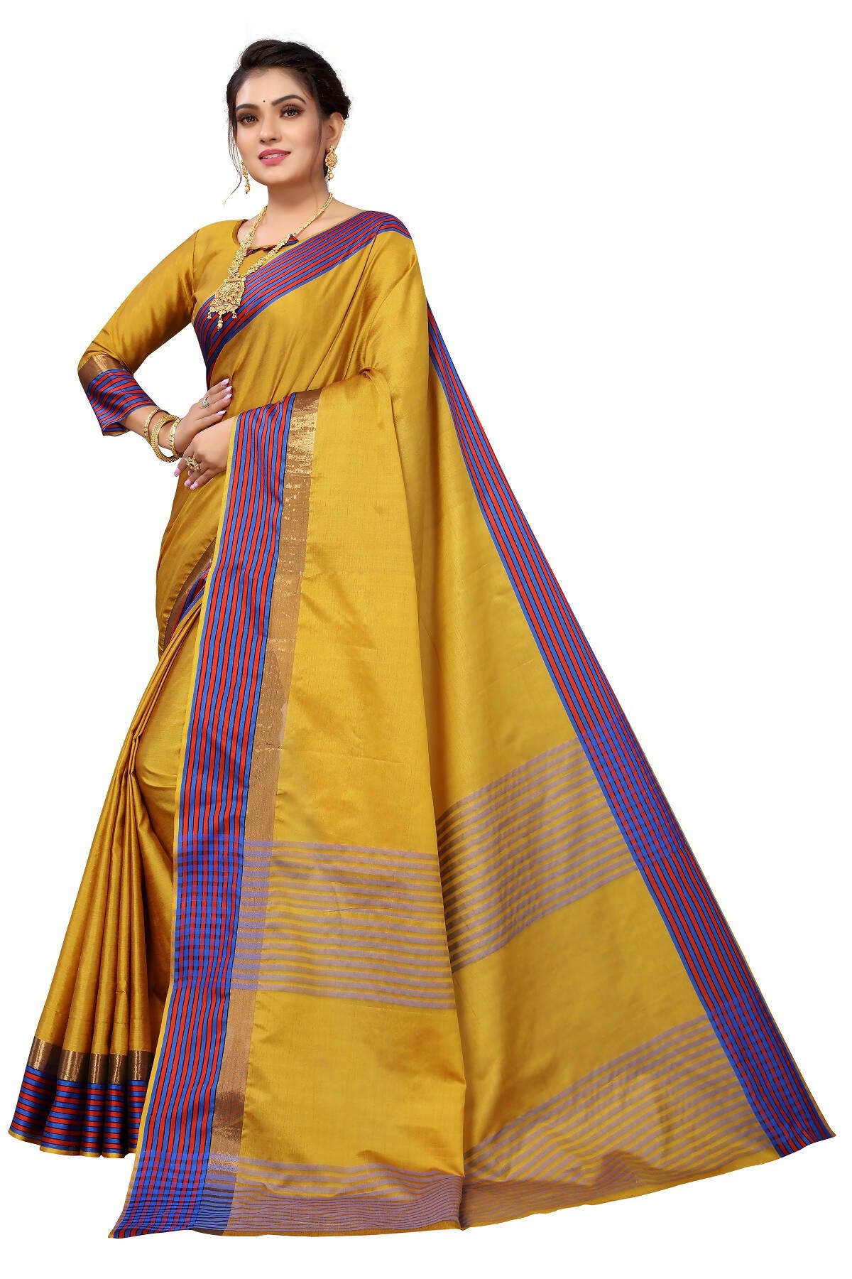 Vamika Ethnic Fire Mustard Cotton Silk Saree - Distacart