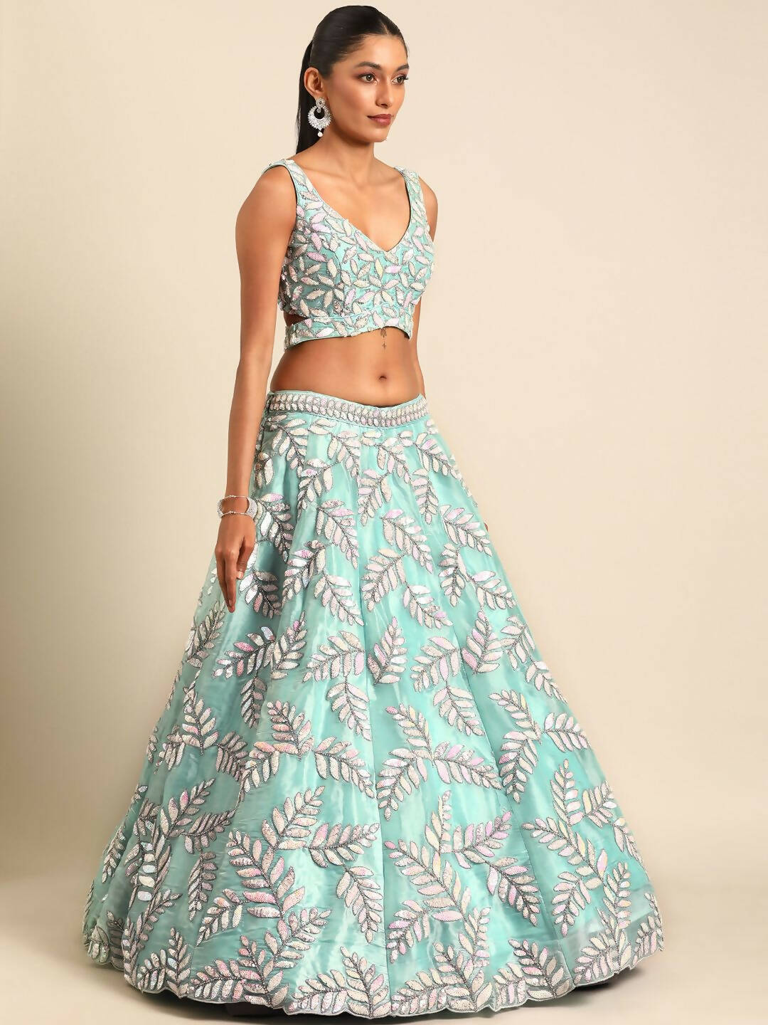 House of Panchhi Turquoise Blue Organza Sequins & Zarkan embroidery Lehenga choli & Dupatta - Distacart
