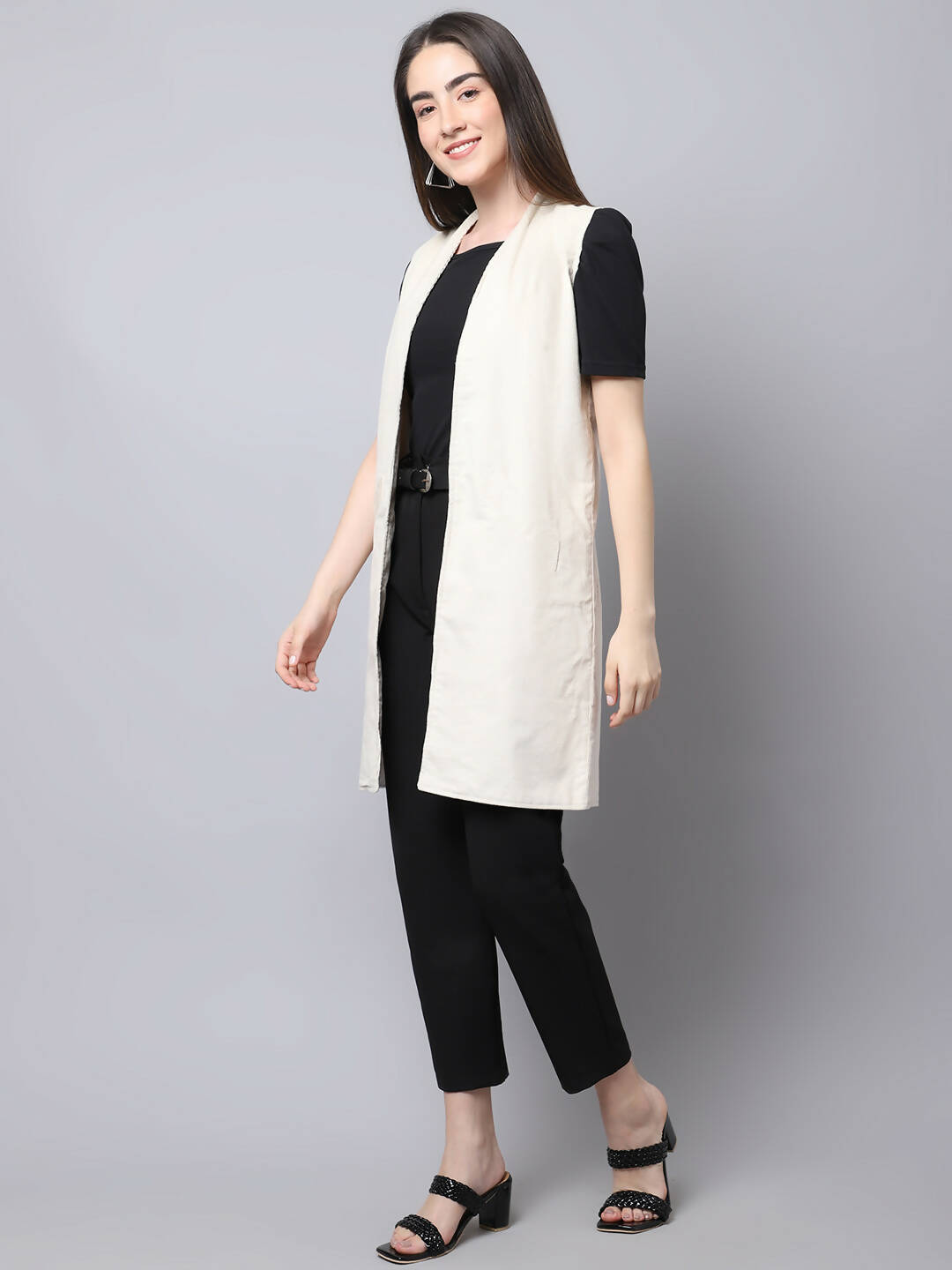 Even Apparels White Polywool Open Front Corduroy Women's Long Coat - Distacart