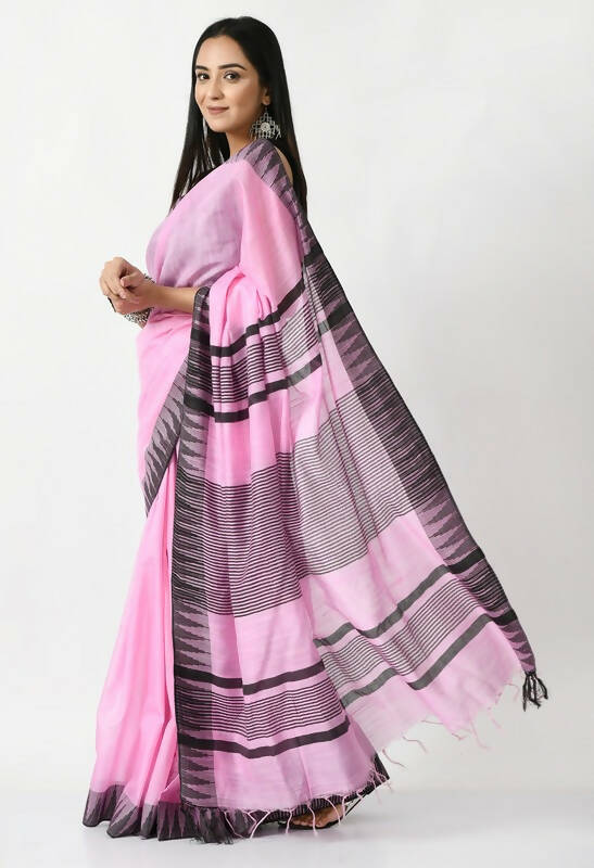Mominos Fashion Moeza Baby Pink Bhagalpuri Handloom Silk Black Temple Border Saree with unstitched Blouse piece - Distacart