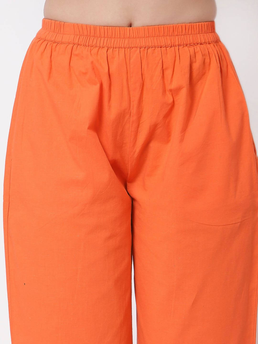 Myshka Orange Solid Cotton 3/4 Sleeve Round Neck Casual Kurta Pant Dupatta Set