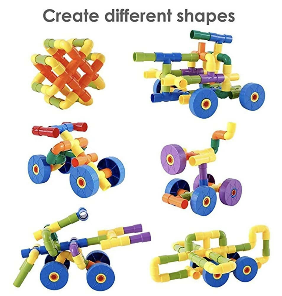 Kipa 150 Pieces Pipe Puzzle with Storage Container, Educational & Intellectual Playing Model Construction Blocks with Rolling Wheelbase - Distacart