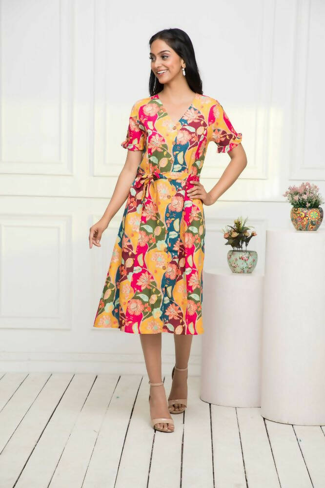 Myshka Women Multi - Abstract Rayon A-Line V-Neck Dress - Distacart