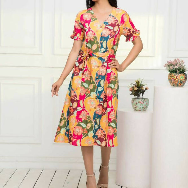 Myshka Women Multi - Abstract Rayon A-Line V-Neck Dress - Distacart