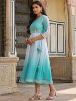 Thumbnail for Juniper Women Teal Georgette Embroidered Maxi Dress - Distacart
