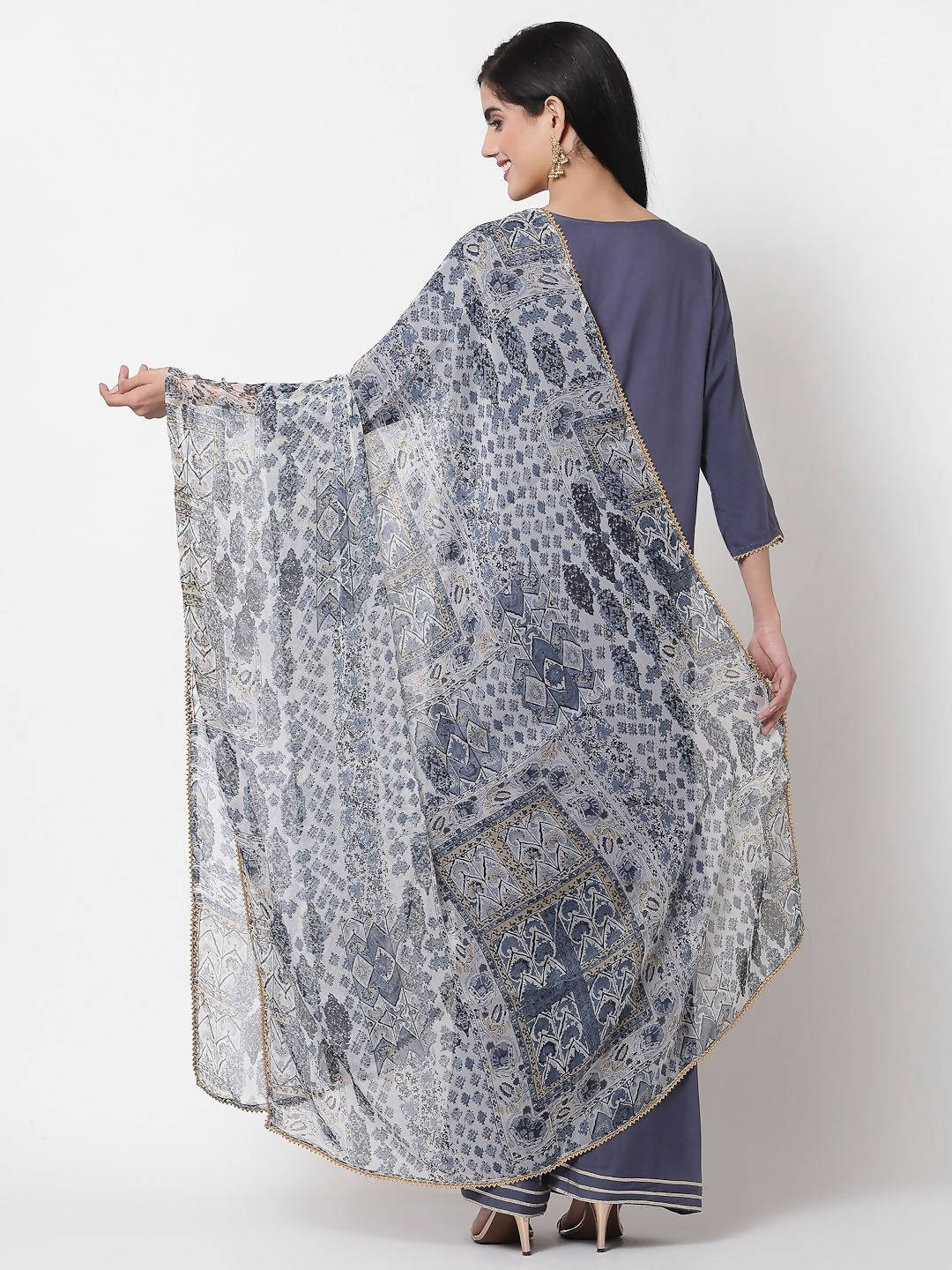 Myshka Women's Grey Viscose Solid 3/4 Sleeve V Neck Casual Kurta Palazzo Dupatta Set