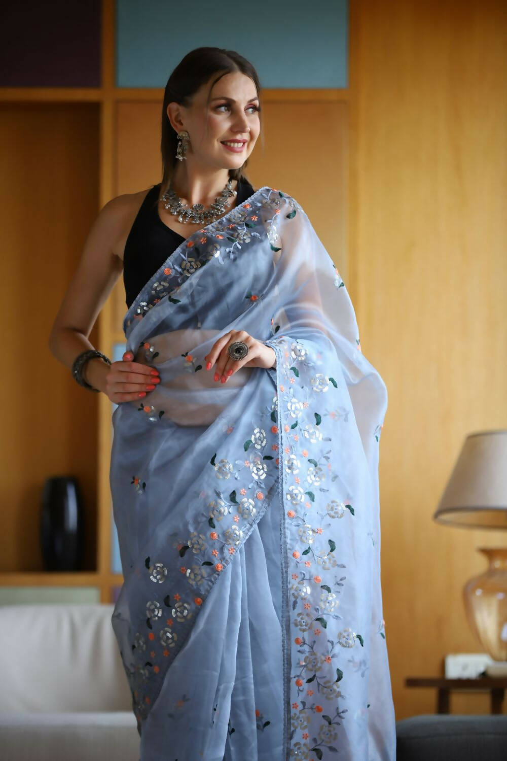 Vamsee Blue Organza Saree - Distacart