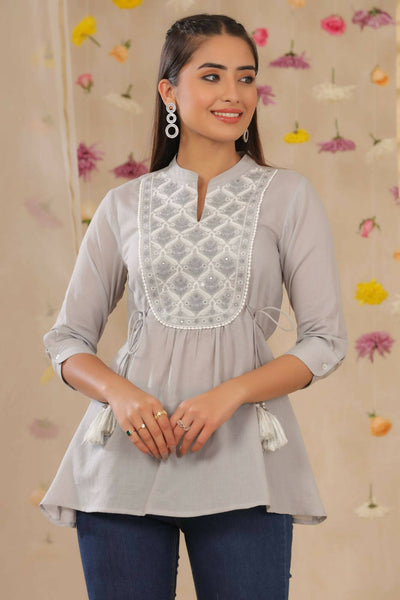 Juniper Women Grey Cotton Moss Embroidered A-Line Tunic - Distacart