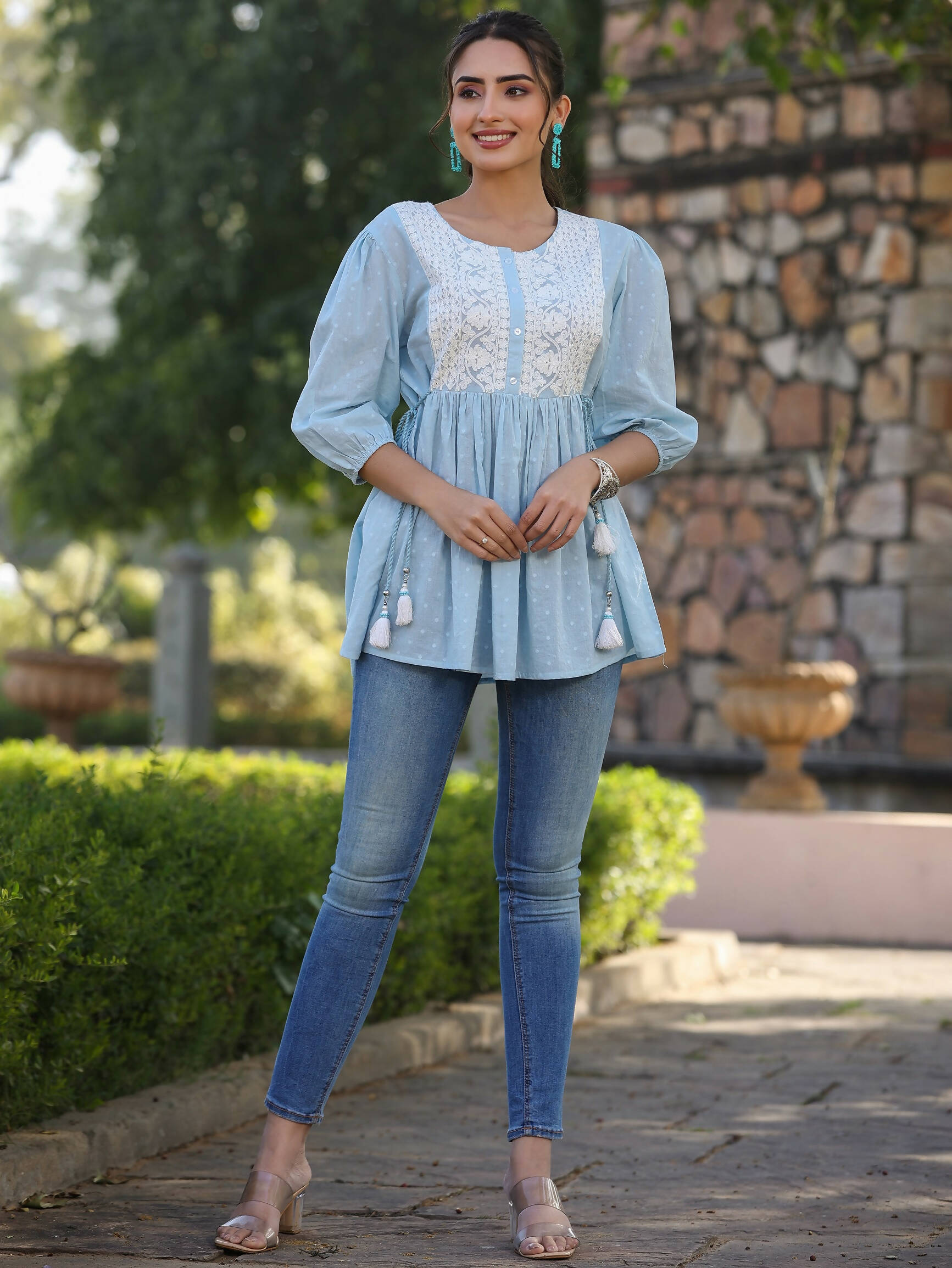 Juniper Women's Blue Cotton Dobby Solid With Embroidered Straight Tunic - Distacart