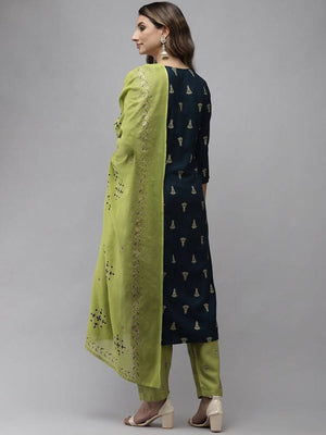 Yufta Women Blue and Green Embroidered Kurta with Trouser and Dupatta Set