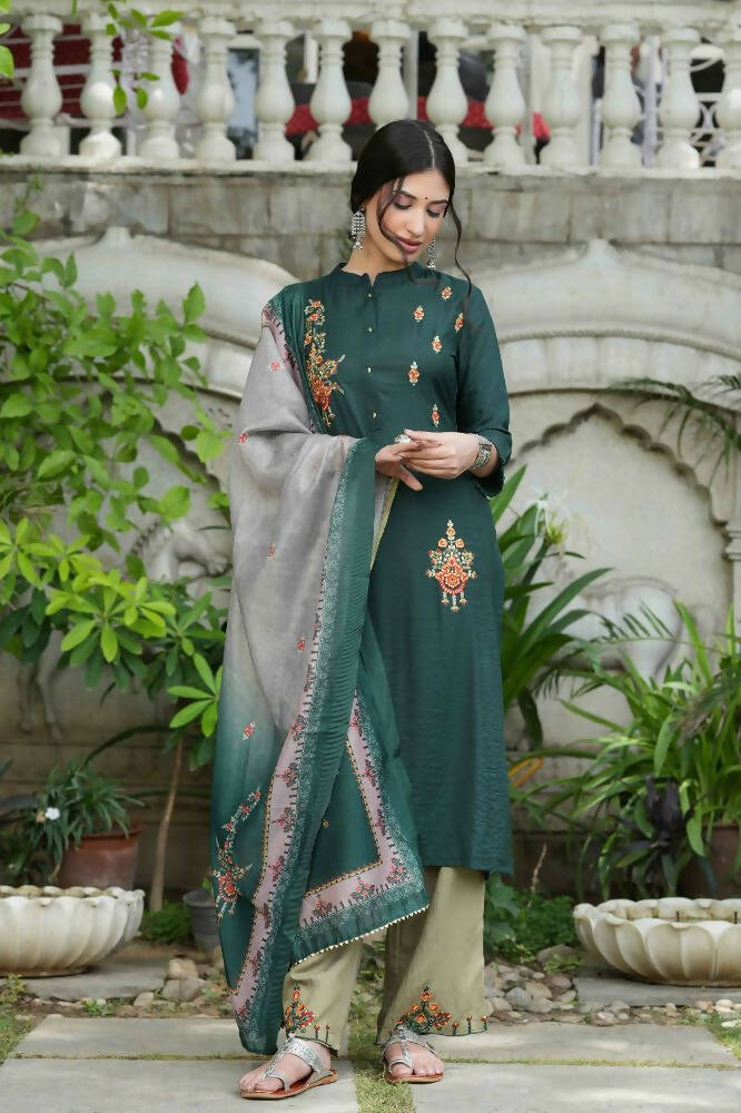 Juniper Bottle Green Mono Viscose Festive Wear Embroidered Straight Kurta Pant Dupatta Set - Distacart