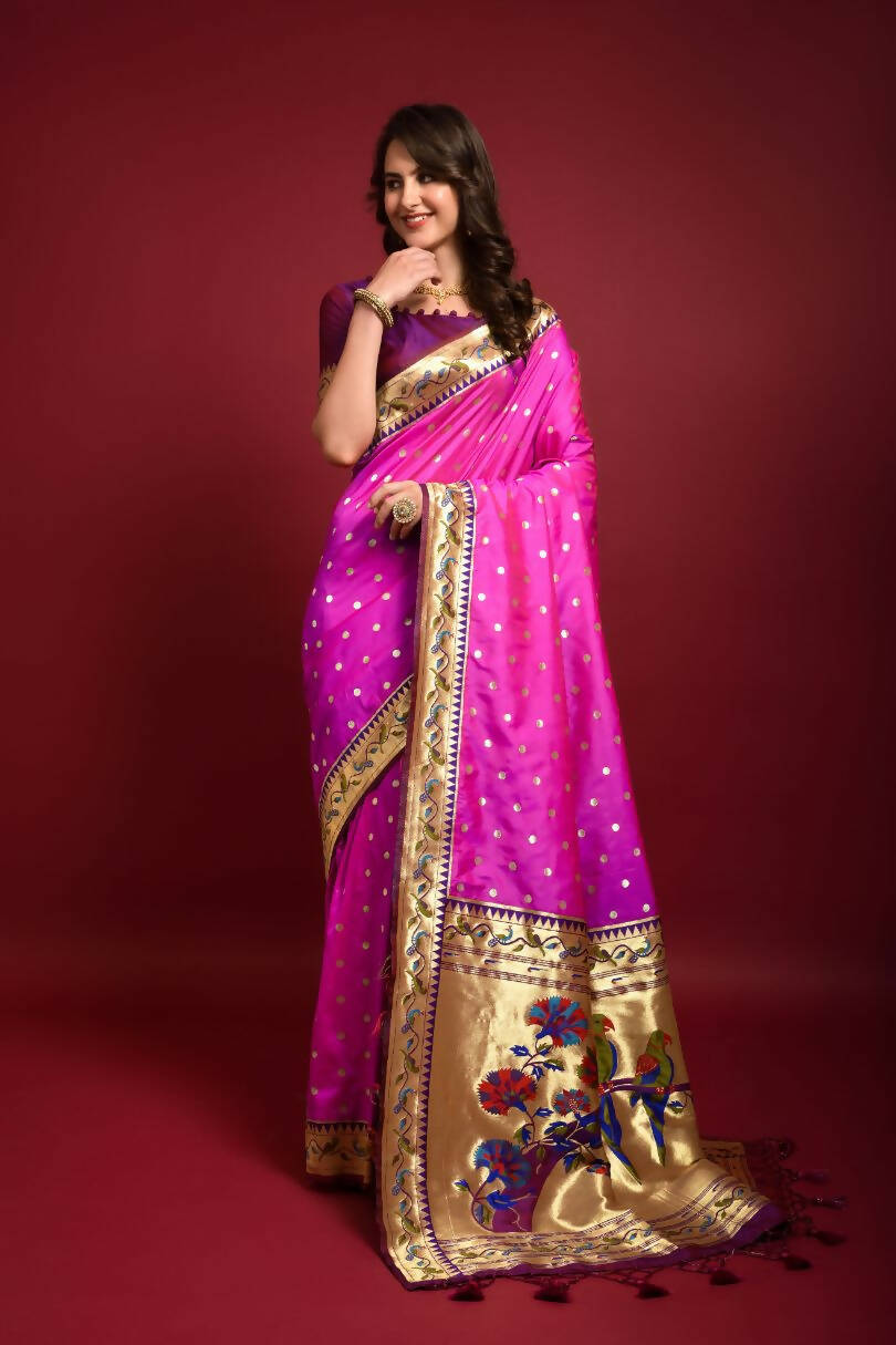 Vishnu Weaves Women's Rani Pink Paithani Silk Zari Woven Saree with Unstitched Blouse - Distacart