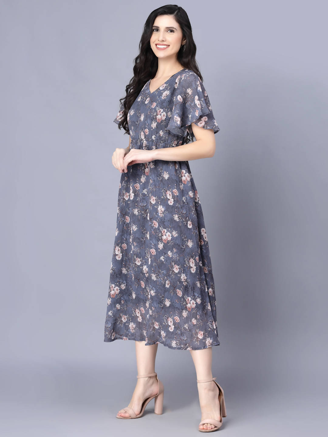 Myshka Women Grey Floral Midi Dress - Distacart