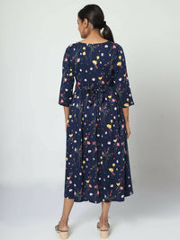 Thumbnail for Manet Three Fourth Maternity Dress Floral Print With Concealed Zipper Nursing Access - Navy Blue - Distacart