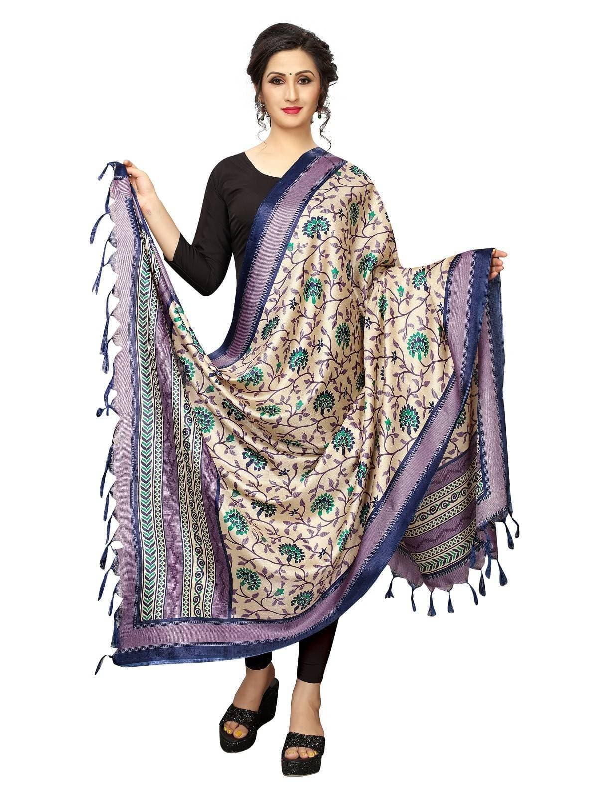 Vamika Beautiful Navy Blue Printed Khadi Bhagalpuri Dupatta