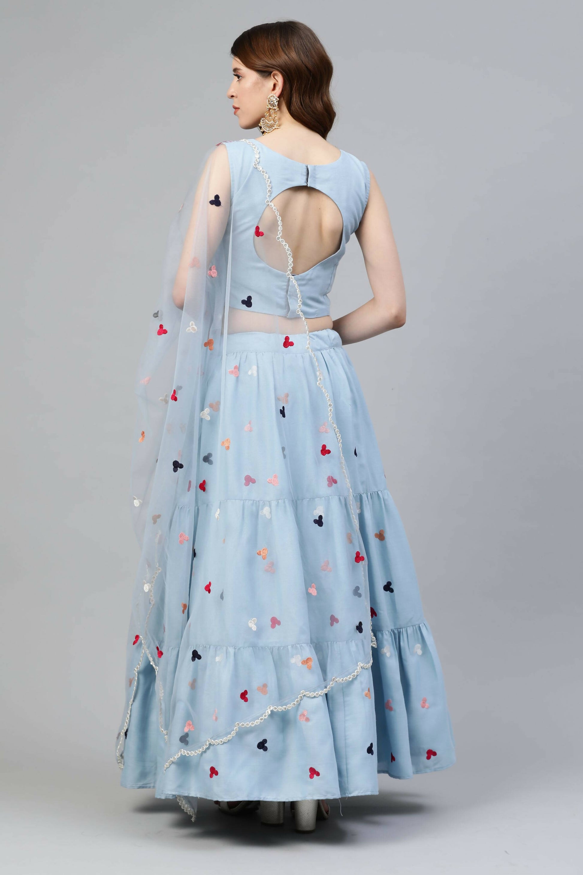 Sky Blue Cotton Embroidered Work Lehenga Choli with Dupatta - Jivika - Distacart