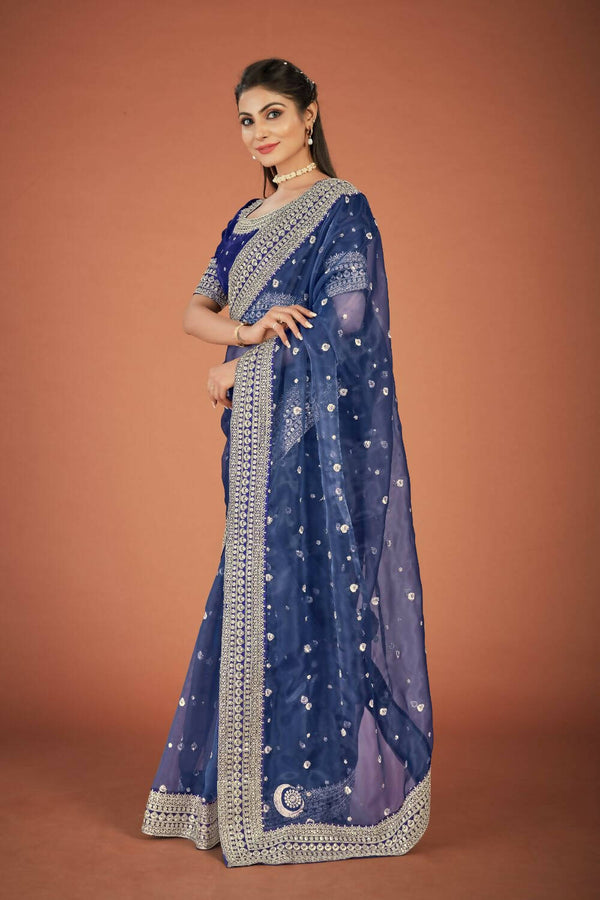 Vamsee Navy Blue Organza Saree - Distacart