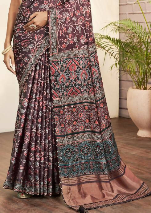 Purple Gajji Silk Floral Print with Hand work Border Saree - Norita Nirvi - Distacart