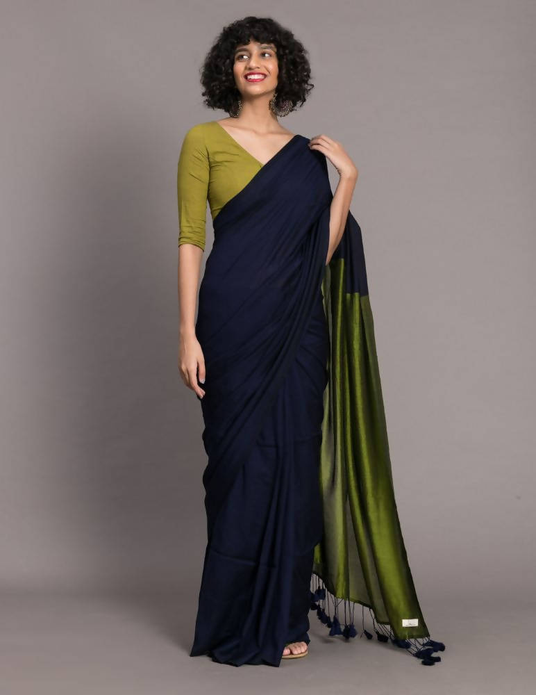 Suta Blue Green Colourblocked Cotton Blend Saree - Distacart