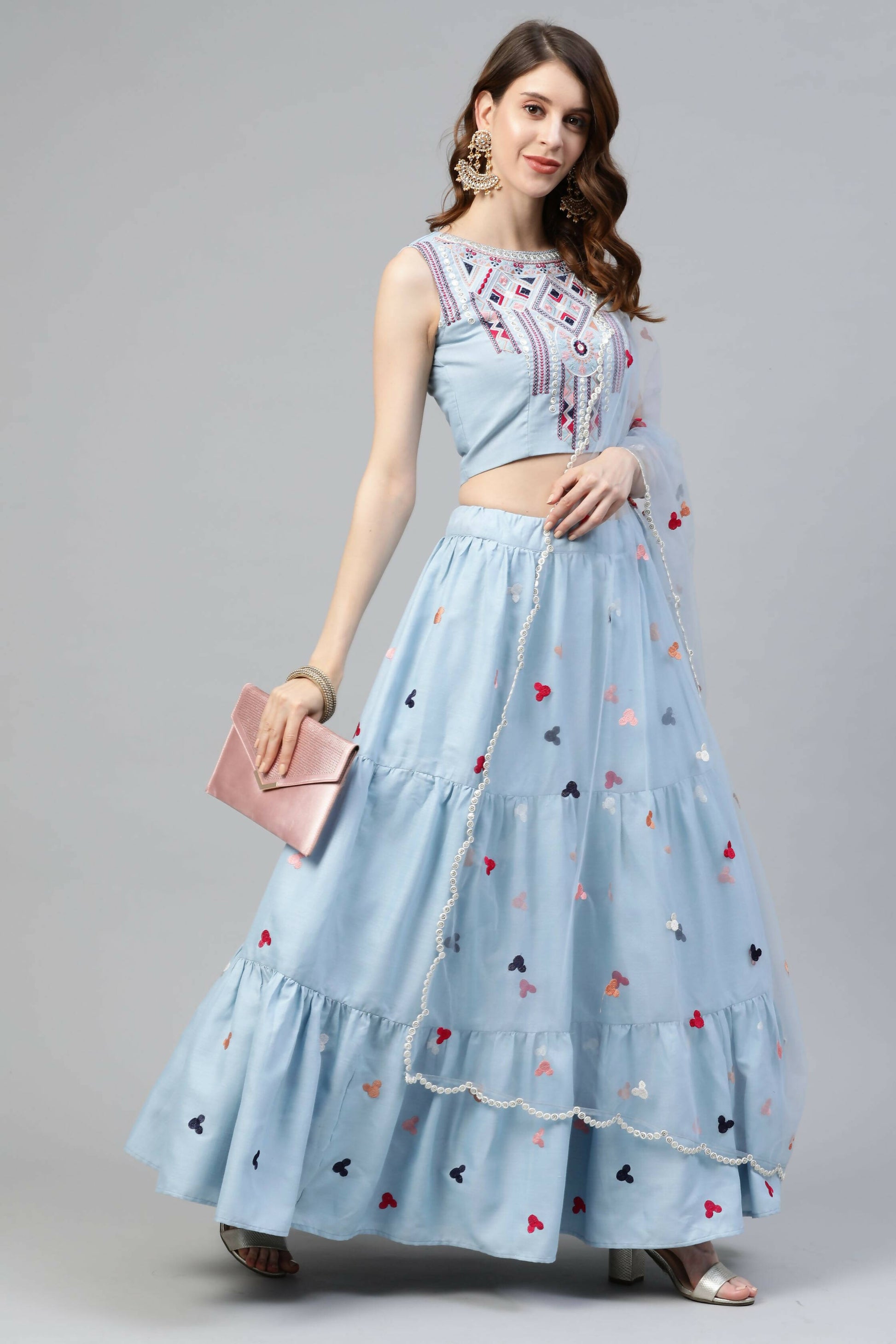 Sky Blue Cotton Embroidered Work Lehenga Choli with Dupatta - Jivika - Distacart