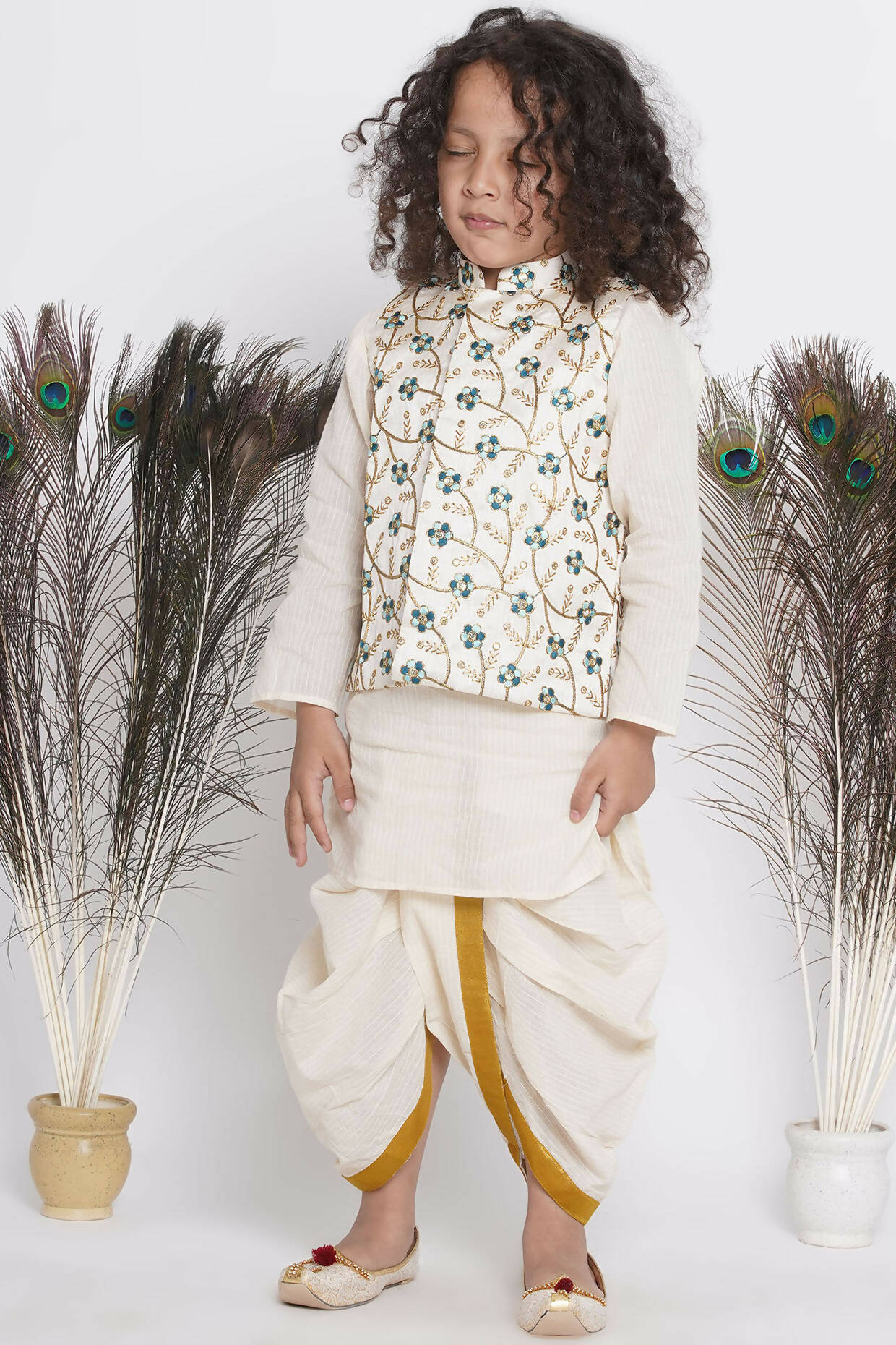 Little Bansi Banarsi Silk Blue Floral Embroidery Jacket With Cotton Kantha kurta And Kantha Dhoti - Cream - Distacart