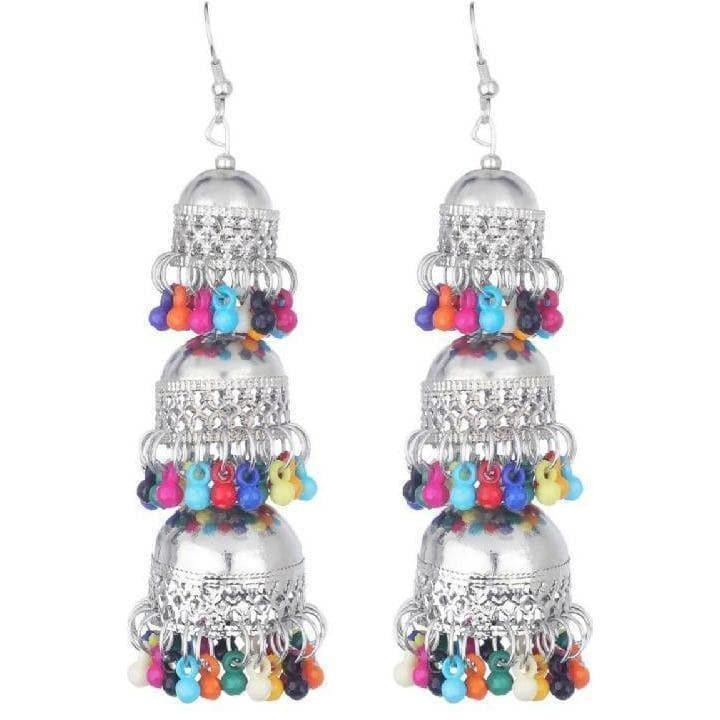 Muskan Fancy Sterling Silver Earrings With Jhumki & Multicolor Beads