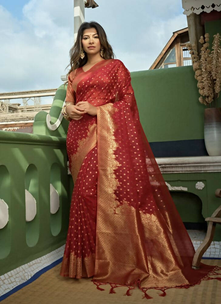 Delightful Designer Maroon Color Organza Silk Saree With Weaving Work - Yomika Fashions - Distacart