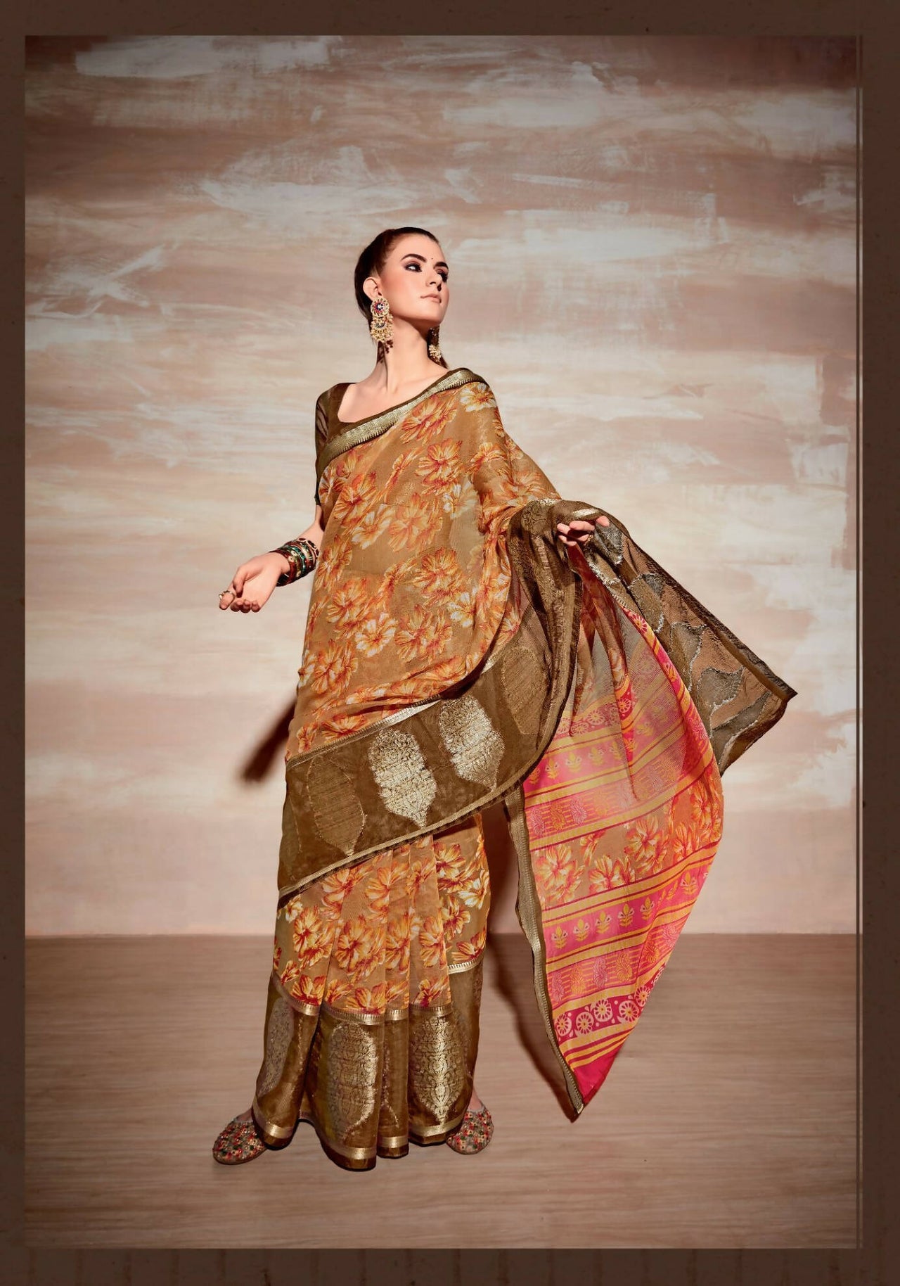 Brown Cotton Floral Printed Saree With Unstitched Blouse Piece - Kathika - Distacart