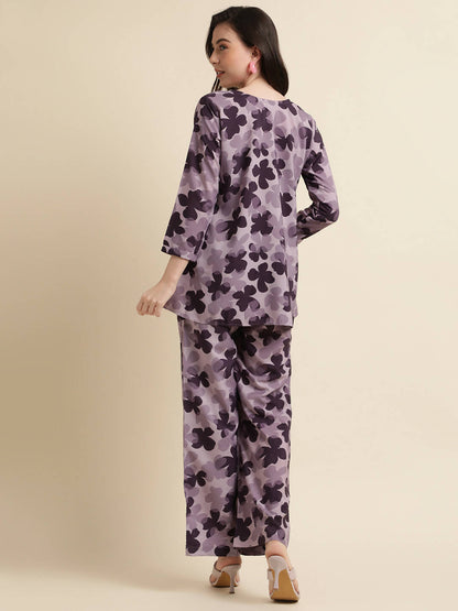 Purple Poly Crepe Digital Printed Top with Matching Bottom - Preeti - Distacart