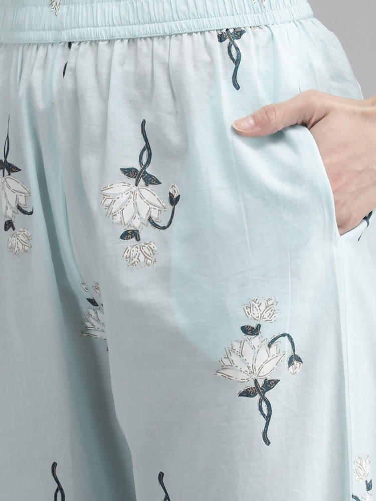 Yufta Women Blue & White Floral Printed Pure Cotton Kurta with Trouser & Dupatta
