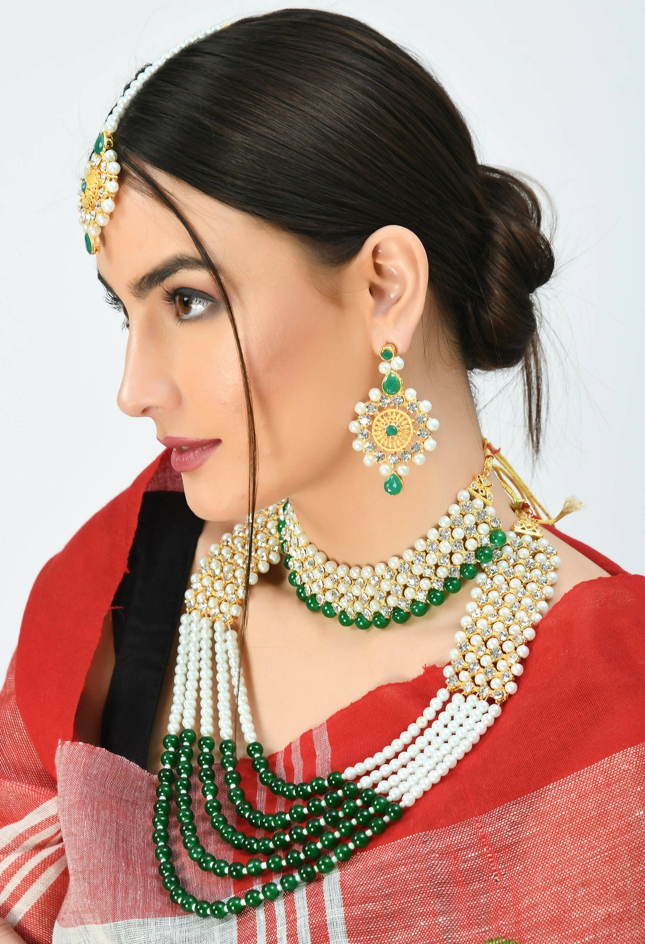 Mominos Fashion Johar Kamal Gold-Plated Rani Haar with Cream Green and Off white Pearls Jewellery Set - Distacart
