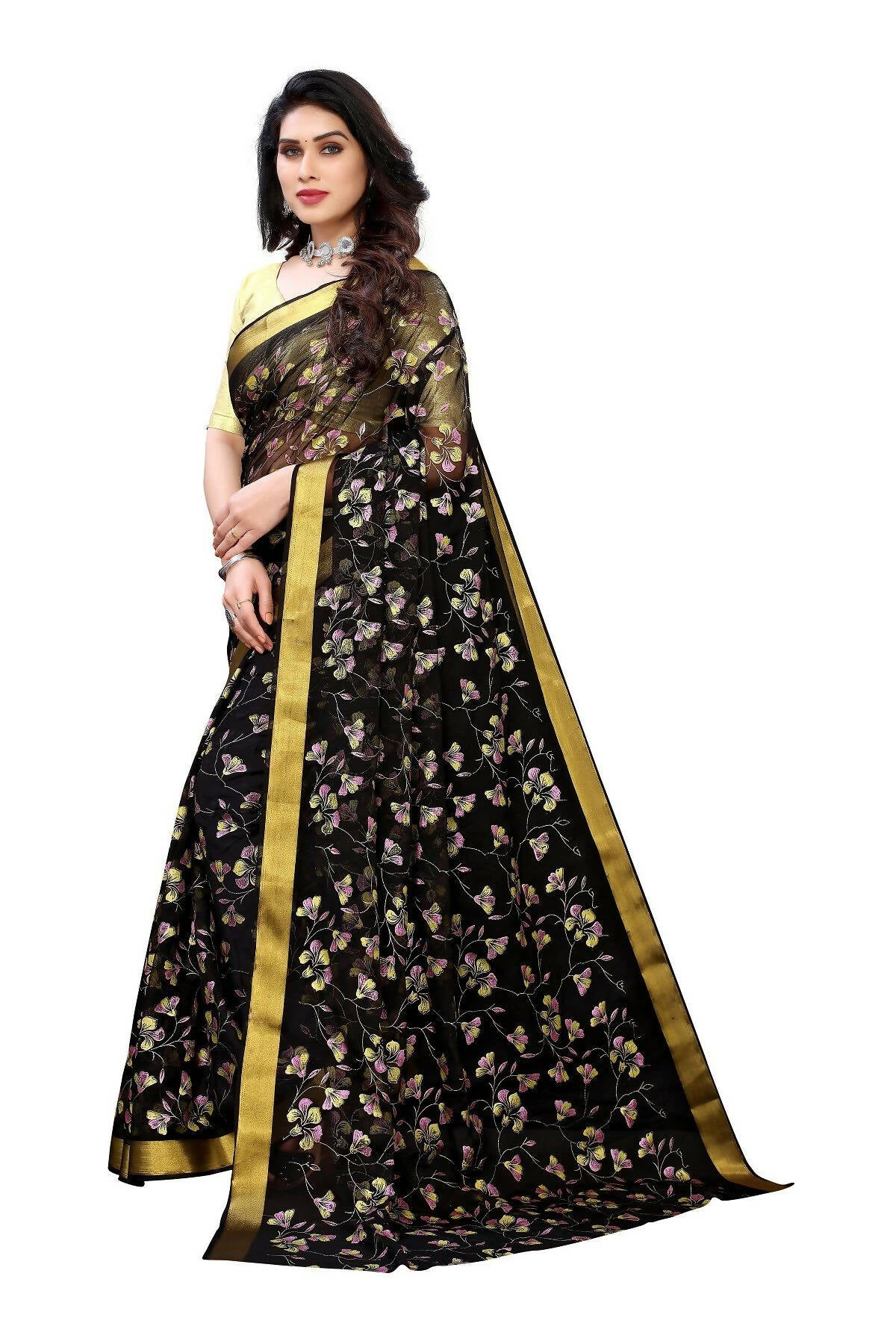Vamika Black Printed Chiffon Saree (UJALA BLACK) - Distacart