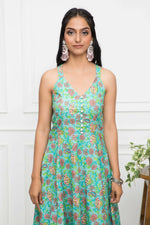 Thumbnail for Myshka Women Green Floral Cotton A-Line Round Neck Long Dress - Distacart