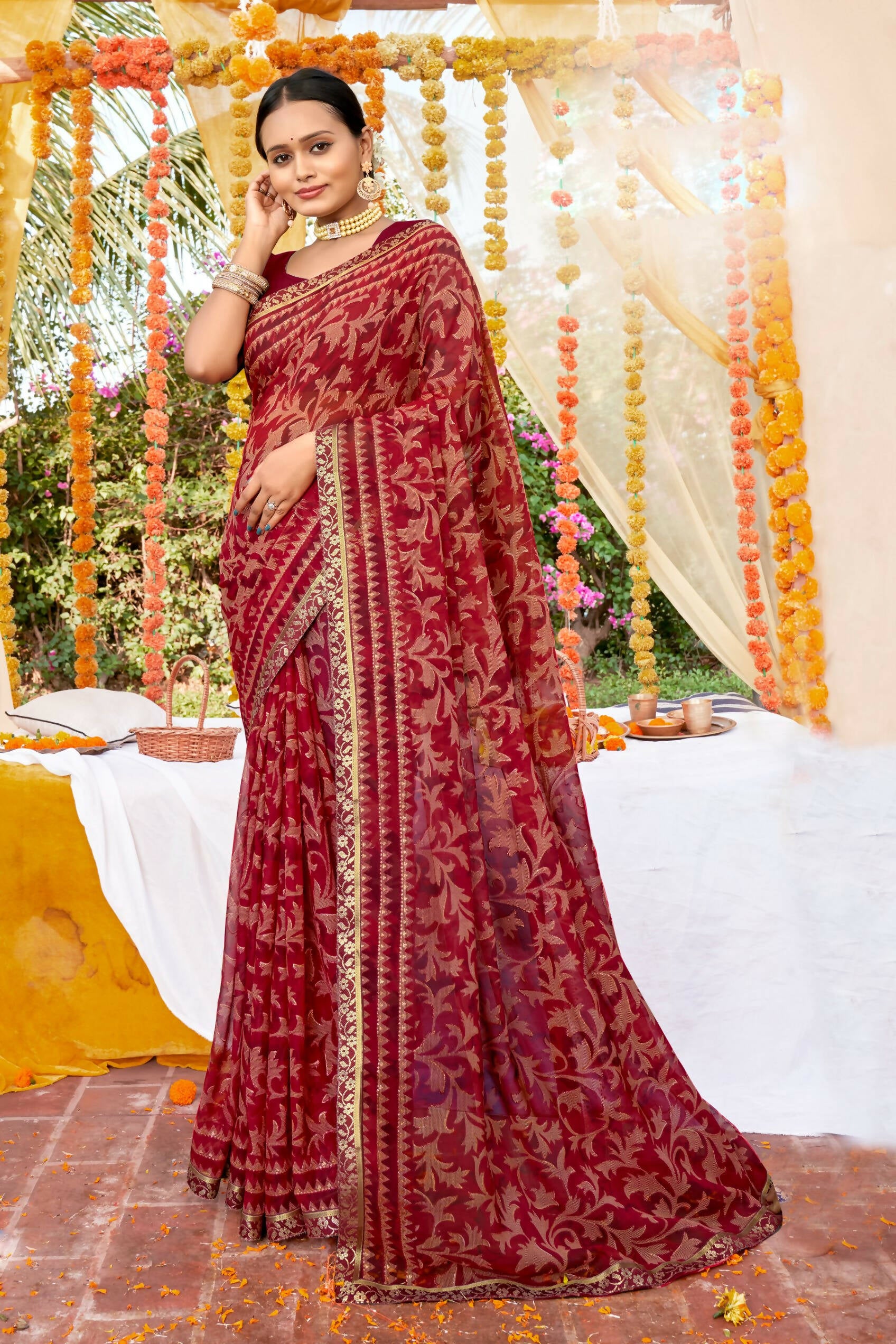 Maroon Georgette Foil Printed Saree with Unstitched Blouse piece - Avika - Distacart