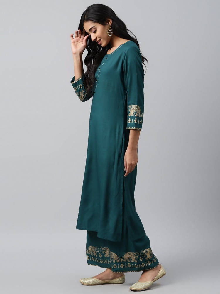 Yufta Women Green And Golden Pure Cotton Solid Kurta with Palazzo and Dupatta