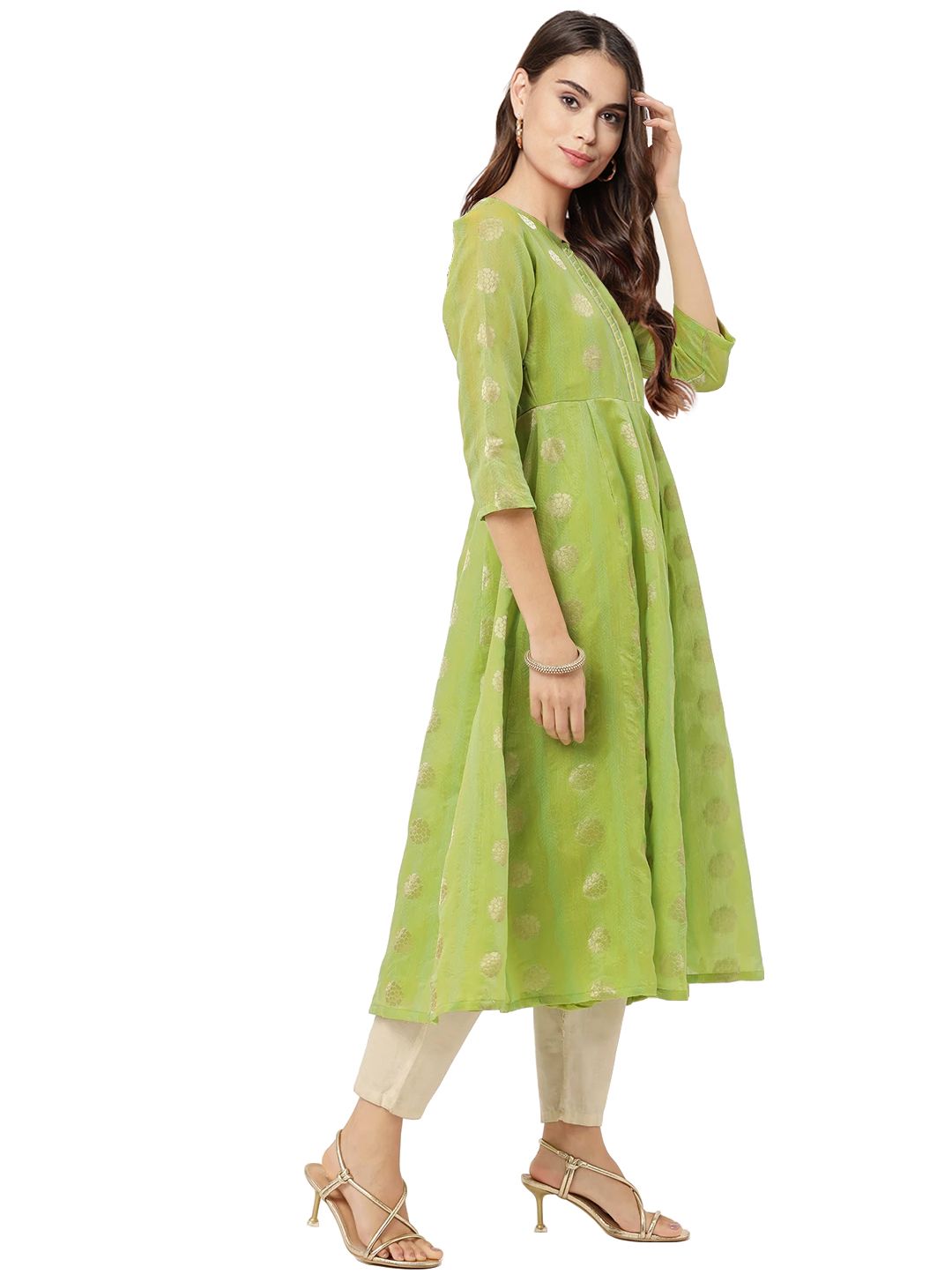 Ahalyaa Women Green Chanderi Jacquard Woven Dress