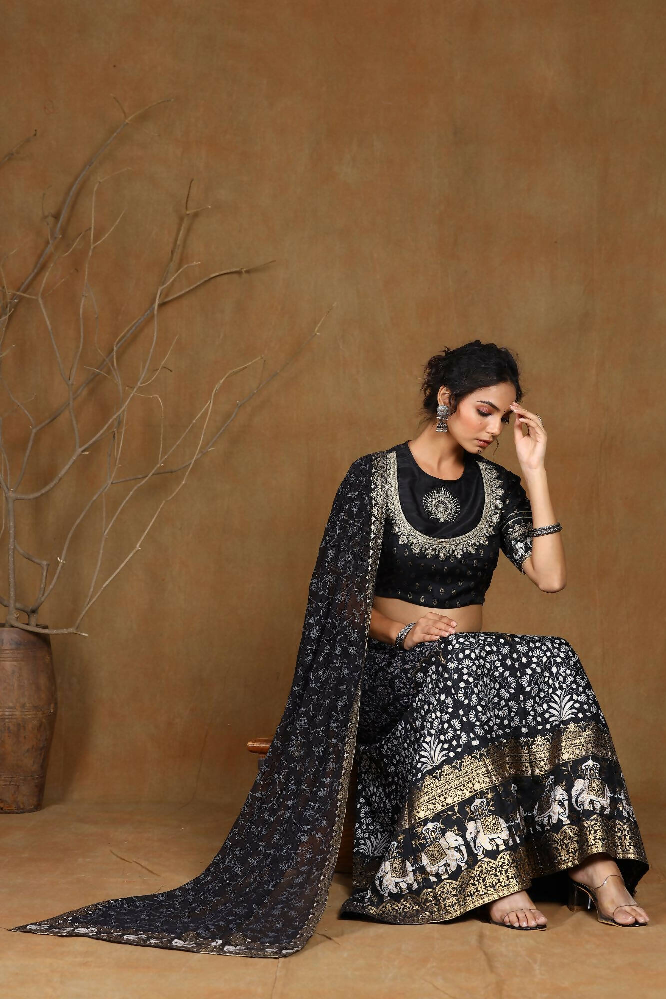 Juniper Women Black Shantoon Embroidered Flared Lehenga Choli Sets - Distacart