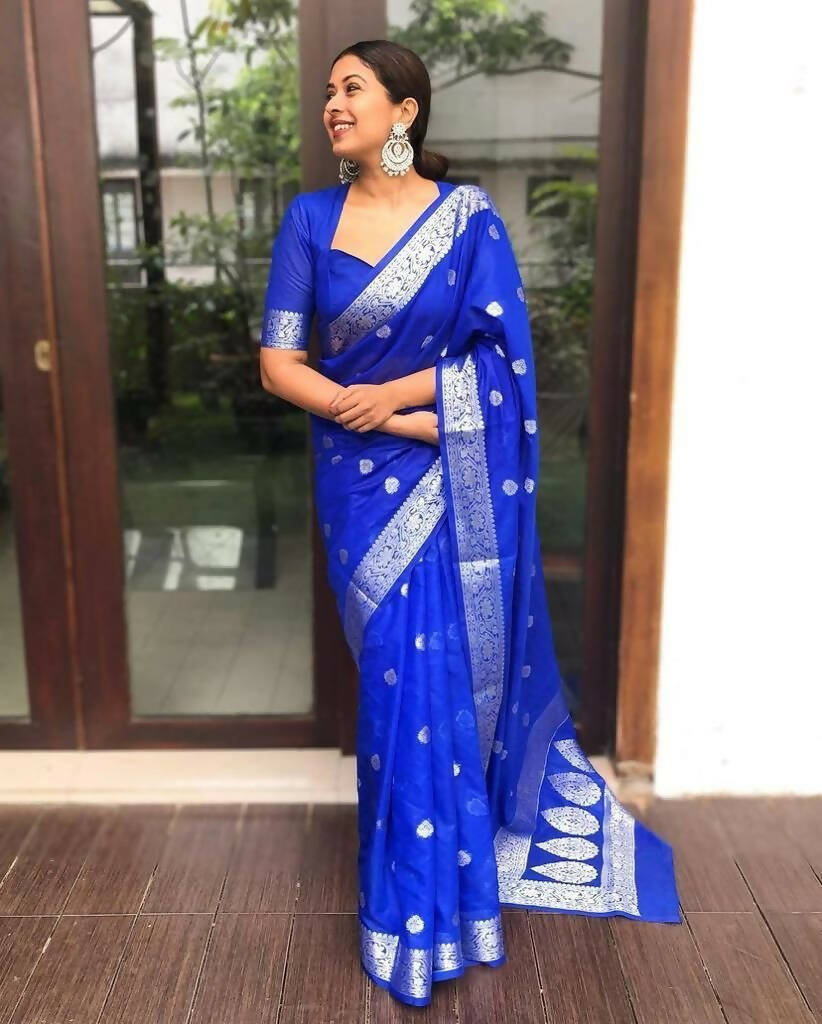 DEIANA'S Beautiful Golden Jari with New Design Soft Lichi Silk Saree - Royal Blue - Distacart