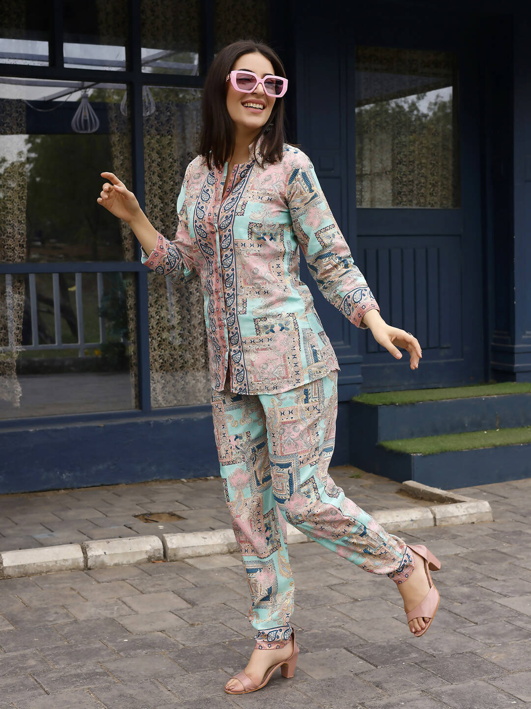 Pink & Blue Rayon Paisley Printed Top with Matching Bottom - Eesha - Distacart