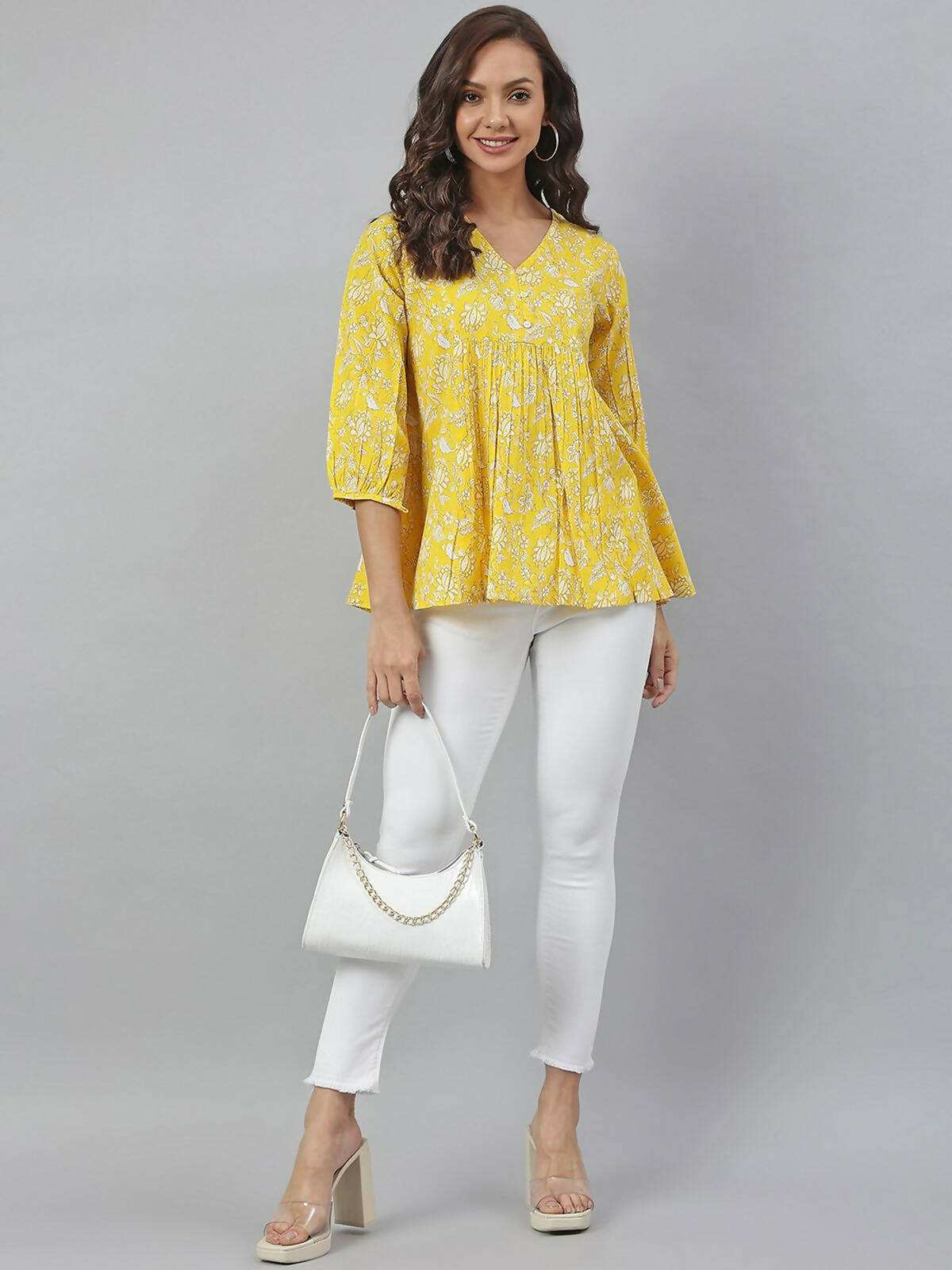 Janasya Women's Yellow Cotton Floral Print Flared Top - Distacart