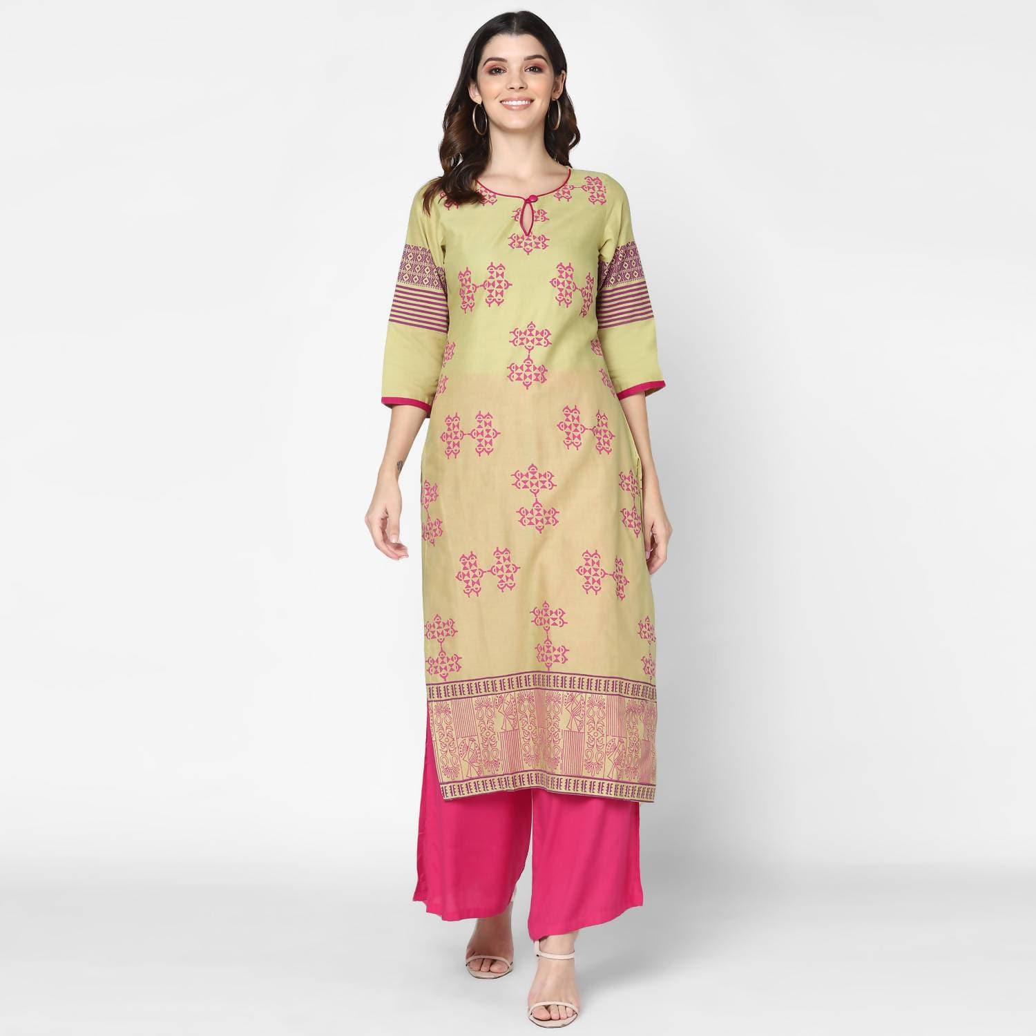 Cheera Hand Block Print Khaki & Magenta Straight Kurta With Palazzo (MAAI-079K)