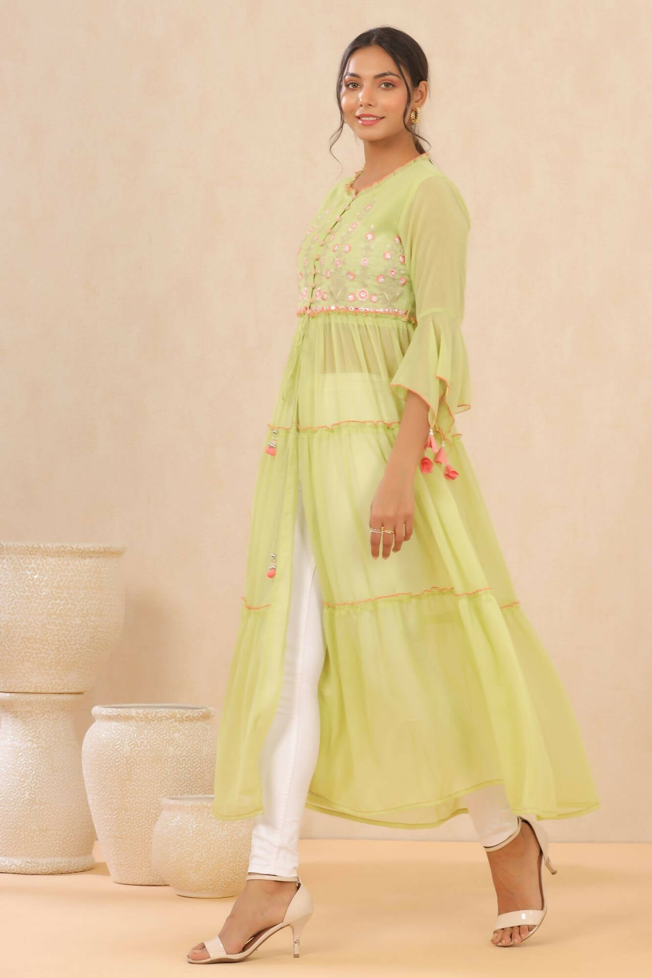 Juniper Women Green Chiffon Embroidered Tiered Kurta - Distacart