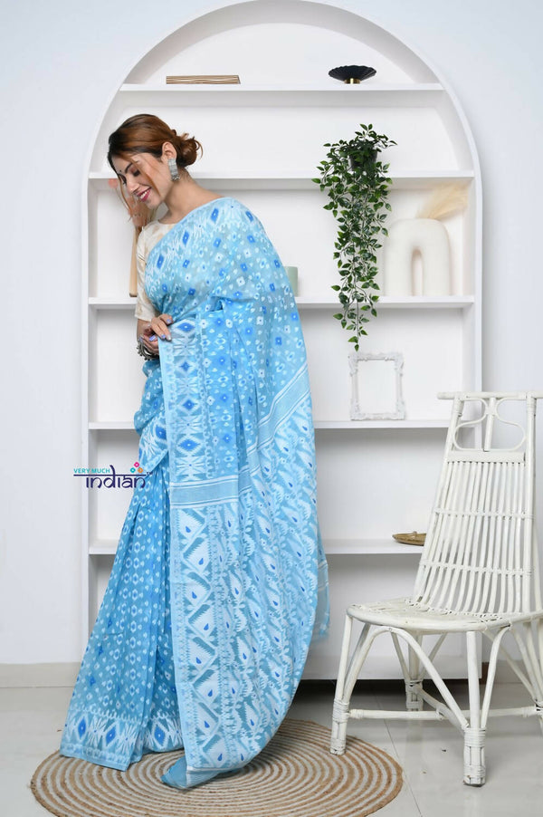 Very Much Indian Jamdhani Cotton Saree - Powder Blue - Distacart