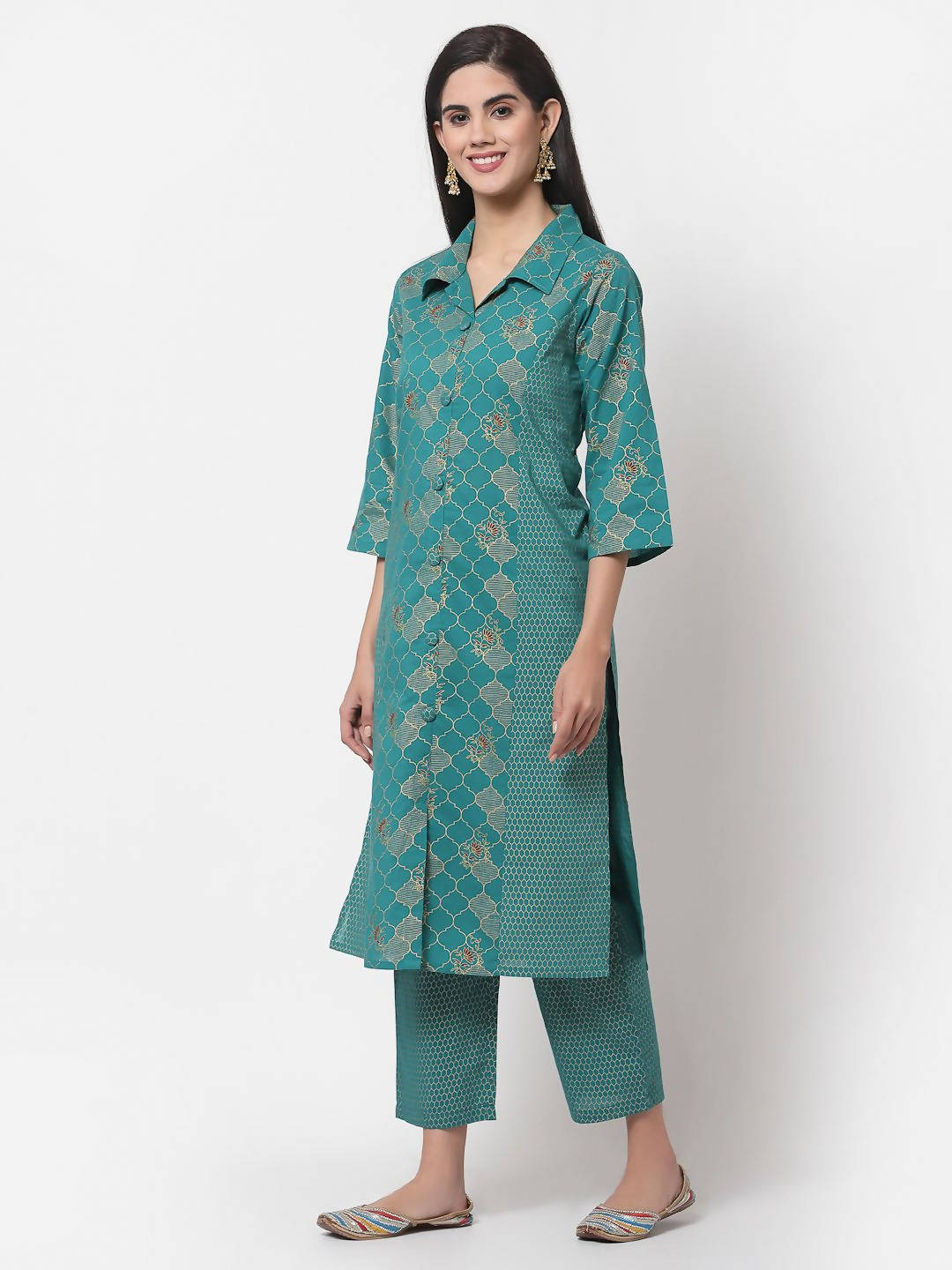 Myshka Women's Green Cotton Printed Half Sleeve Casual Kurta & Pant Set