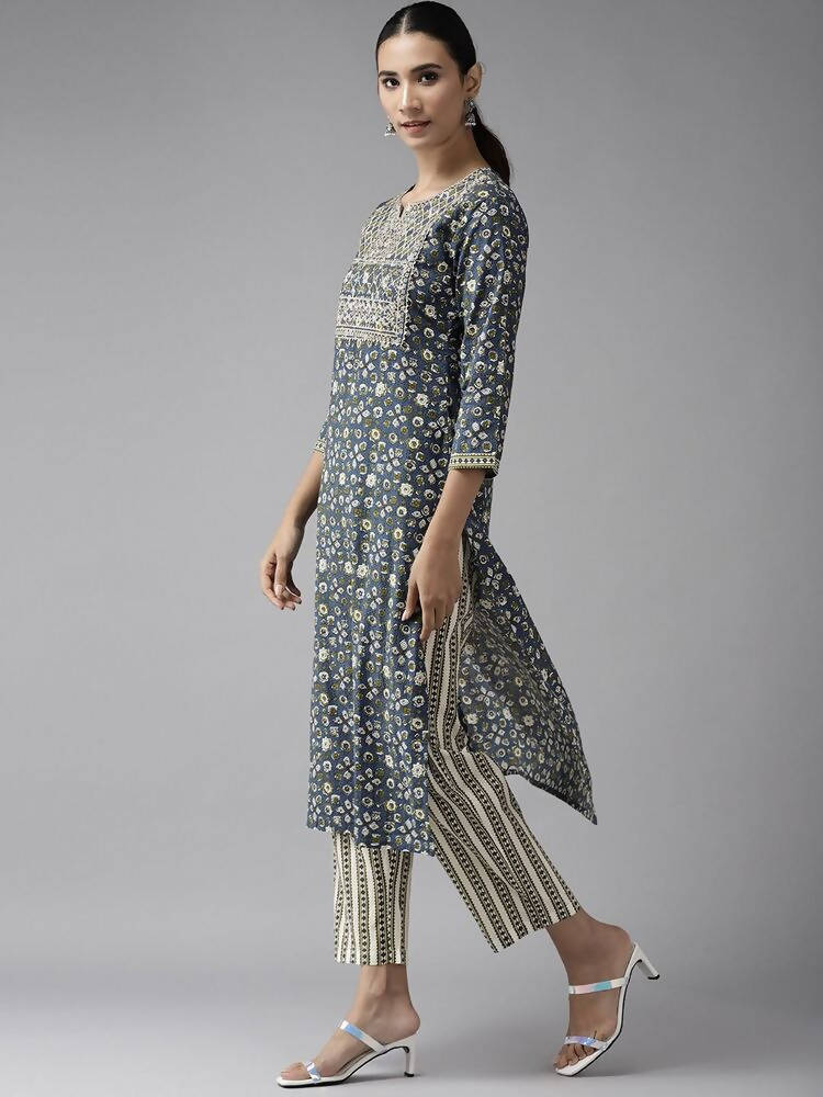 Yufta Blue & Green Printed Embroidered Kurta with Trouser and Dupatta Set